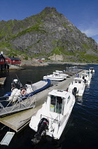 Norway, Lufoten islands, etty and boats in harbour at village of Å.