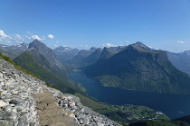 Norway-, Western Norway, Path up to summit of Saksa mountain with Breidfonnhornet in the background. Sæbø.