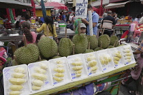 Thailand, Bangkok, China Town, Street seller with Durian fruit.