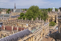 England, Oxfordshire, Oxford, Brasenose College founded as a college in 1509  and viewed here from the tower of the University Church of St Mary the Virgin with the green dome of the Sheldonian Theatr...
