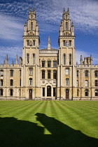 England, Oxfordshire, Oxford, All Souls College and its famous twin towers viewed from the quadrangle.