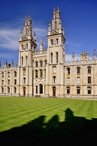 England, Oxfordshire, Oxford, All Souls College and its famous twin towers viewed from the quadrangle.