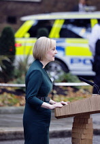 England, London, Westminster, 25th October 2022, Outgoing PM Liz Truss resignation speach in Downing Street.
