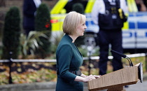 England, London, Westminster, 25th October 2022, Outgoing PM Liz Truss resignation speach in Downing Street.