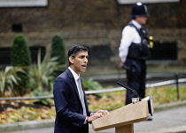 England, London, Westminster, 25th October 2022, New Prime Minister Rishi Sunak speaking in Downing Street as he takes over from Liz Truss.