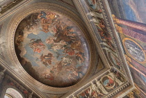 England, Oxfordshire, Woodstock, Blenheim Palace, the ceiling of what was formerly called The Saloon now known as the State Dining Room featuring walls and ceilings painted by French decorative artist...