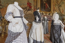 England, Oxfordshire, Woodstock, Blenheim Palace, The Second State Room, costumes from the successful 2018 film The Favourite in which Olivia Colman won an Oscar for her portrayal of Queen Anne.