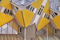 Holland, Rotterdam, The Cube Houses, an innovative housing development where each house is a cube tilted over by 45 degrees, designed by Dutch architect Piet Blom and bult between 1977 and 1984, Abstr...