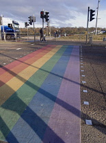 Ireland, North, Derry City, Pedestrian crossing decorated with rainbow colours.