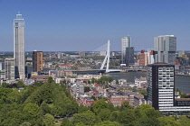 Holland, Rotterdam, View from the Euromast including Het Park, Erasmus Bridge and the Nieuwe Maas River with De Zalmhaven Rotterdam's tallest tower on the left.