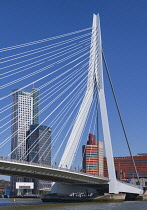 Holland, Rotterdam, View from underneath the Erasmusbrug or Erasmus Bridge over the Nieuwe Maas River with the Maastoren which is Holland's second highest building in the background.
