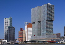 Holland, Rotterdam, The Nieuwe Maas River with the Maastoren which is Holland's second highest building on the left and the De Rotterdam tower on the right.