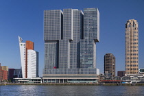 Holland, Rotterdam, The Nieuwe Maas River with the De Rotterdam Building in the centre flanked by the KPN Telecom Tower building on the left and the New Orleans Tower on the right.