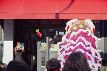 Portland Road, Dragon dance outside Asiana shop for Chinese New Year 2023, the year of the Rabbit.