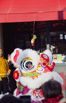 Portland Road, Dragon dance outside Asiana shop for Chinese New Year 2023, the year of the Rabbit.