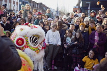 Portland Road, Dragon dance outside Asiana shop for Chinese New Year 2023, the year of the Rabbit.