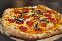 Food, Cooked, Pizza, Mushroom and Pepperoni Pizza in La Tavola Italian Eatery in Southwick, West Sussex, England.