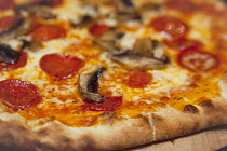 Food, Cooked, Pizza, Mushroom and Pepperoni Pizza in La Tavola Italian Eatery in Southwick, West Sussex, England.