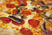 Food, Cooked, Pizza, Mushroom and Pepperoni Pizza in La Tavola Italian Eatery in Southwick, West Sussex, England.