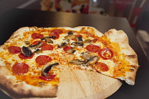 Food, Cooked, Pizza, Mushroom and Pepperoni Pizza in La Tavola Italian Eatery in Southwick, West Sussex, England.