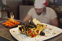 Food, Cooked, Seafood, Spaghetti Marinara, Pasta with Mussels and Calamari, La Tavola Italian Eatery, Southwick, West Sussex, England.