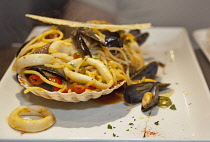Food, Cooked, Seafood, Spaghetti Marinara, Pasta with Mussels and Calamari, La Tavola Italian Eatery, Southwick, West Sussex, England.