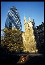 England, London, View of the Swiss Re Tower 30 St Mary Axe designed by Sir Norman Foster.