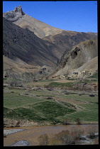 Afghanistan, Bamiyan Province, Panjao Valley, Rural buildings on barren hillsides and cultivated valley floor.