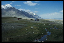 Afghanistan, General, Kirghiz yurts in bleak mountain landscape.