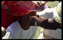 MAURITIUS, Piton, Mans tongue being pierced before he walks on fire at a Hindu Fire Walking Ceremony.