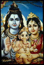 India, General, Painting of Hindu gods Shiva his wife Parvati and his son Ganesh.