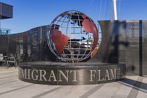 Ireland, County Wexford, New Ross, The Emigrant Flame adjacent to the Dunbrody Famine Ship, the Emigrant Flame burns perpetually as a permanent flame of hope and inspiration to all Irish emigrants whe...
