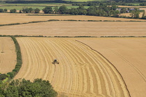 Ireland, County Laois, Combine harvester working in a field of barley beneath the Rock of Dunamase.