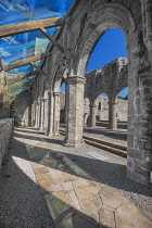 Ireland, County Roscommon, Boyle, Boyle Abbey which was founded in 1161 by Cistercian monks, the North Aisle with its 21st century glass and timber cover which protects the area from future erosion da...