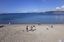 France, Provence-Alps, Cote d'Azur, Antibes Juan-les-Pins, Beach with dogs being exercised in the early morning
