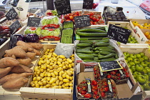 France, Provence-Alps, Cote d'Azur, Antibes, Provencal food market display of fresh fruit and vegetables.