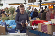 France, Provence-Alps, Cote d'Azur, Antibes, Provencal food market vendor making bunches of lavender to sell.