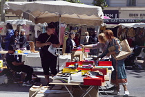 France, Provence-Alps, Cote d'Azur, Antibes, Clothing market in Place de General de Gaulle.