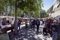 France, Provence-Alps, Cote d'Azur, Antibes, Clothing market in Place de General de Gaulle.