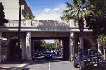 France, Provence-Alps, Cote d'Azur, Antibes Juan-les-Pins, ornately painted railway bridge.