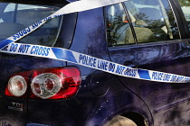 Transport, Road, Car with police tape after being involved in an accident, Cranbrook, Kent, England.