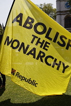 England, London, Westminster, Parliament Square, Anti Royal family protesters yellow flag.