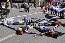 England, London, Westminster, Protesters marching outside Downing Street lying on ground linking arms.