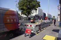 England, East Sussex, Brighton, Western Road, Traffic congestion caused by Gas company digging up the road.