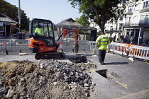 England, East Sussex, Brighton, Western Road, Traffic congestion caused by Gas company digging up the road.