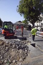 England, East Sussex, Brighton, Western Road, Traffic congestion caused by Gas company digging up the road.