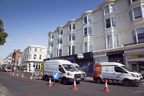 England, East Sussex, Brighton, Western Road, Traffic congestion caused by Gas company digging up the road.