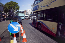 England, East Sussex, Brighton, Western Road, Traffic congestion caused by Gas company digging up the road.