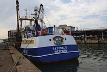 England, Hampshire, Portsmouth, Irish fishing boat in harbour with Pog Mo Thoin and Leprechaun painted above name.