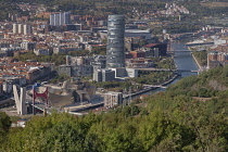 Spain, Basque Country, Bilbao, Vista of the city from the Mount Artxanda viewpoint with the Guggenheim Museum, Iberdrola Tower and River Nervion prominent.